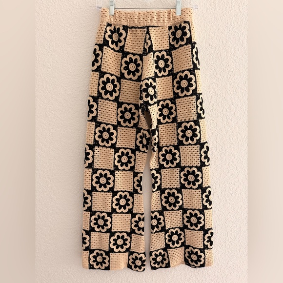 Sandro Flower Motif Crochet Knit Trousers | Cotton Blend Straight Leg - Picture 3 of 6